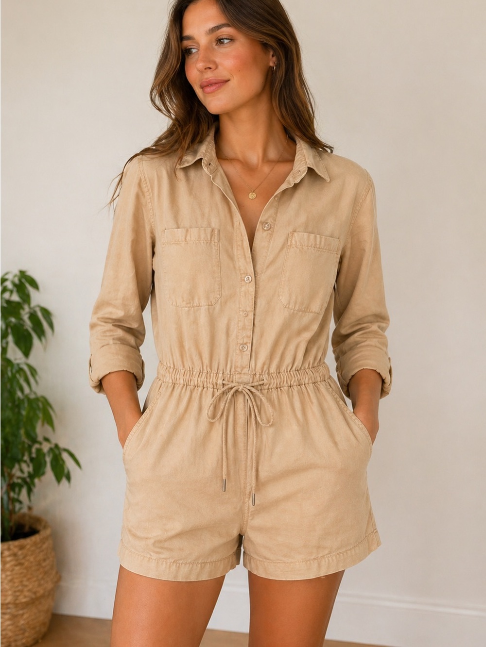 Beige Drawstring Utility Romper - Women's Jumpsuit